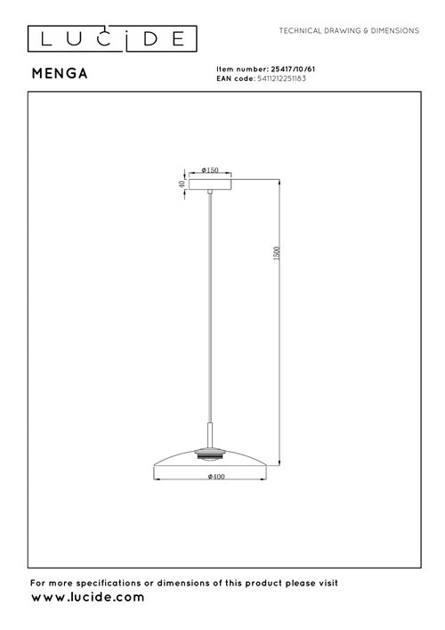 Lucide MENGA - Suspension - Ø 40 cm - LED Dim. - 1x11W 2700K - Opalin | Premium - technique